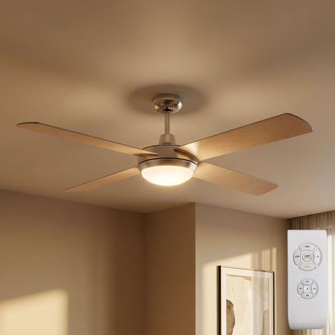 Deckenventilator Ventilator Holzleuchte Lampe Wohnzimmerlampe Küche, Fernbedienung Flügel wendbar 2flammig 3 Stufen, Landhausstil Metall Glas MDF Holzoptik, 2x E27 Fassungen, DxH 132x41cm (1/5)