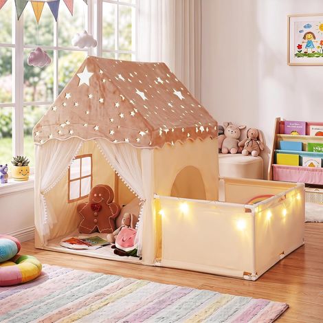 COSTWAY Tente Enfant Intérieur avec Parc & Lumières Étoilées (Beige) (1/3)