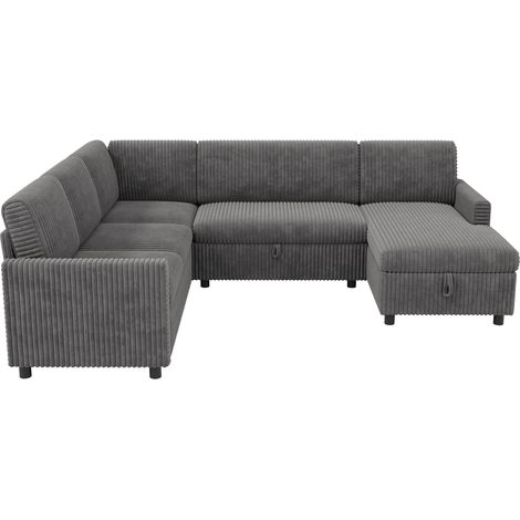 Divano letto a U grigio in velluto a coste con chaise longue e contenitore 274 x 220 x 85 cm (1/5)