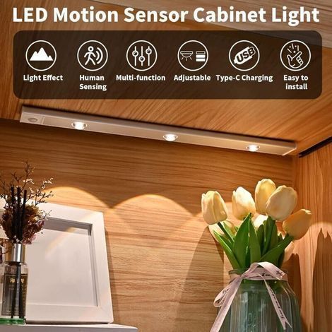 Lampe Led,40CM Lampe de Placard avec Détecteur de Mouvement, Lampe Led Rechargeable USB,Led Cuisine Sans Fil avec 3 Modes Éclairage et Montage Magnétique pour Armoires/Couloirs/Garage-Argent (1/4)