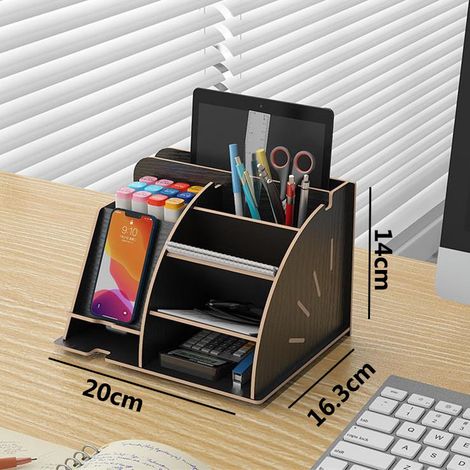 Organiseur de bureau en bois avec station d'accueil pour téléphone et tiroir, bibliothèque, porte-crayons, boîte de rangement pour accessoires de bureau