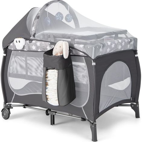 COSTWAY 5 en 1 Cuna de Viaje, Centro de Guardería Portátil para Bebés con Moisés Desmontable, Cambiador, Toldo y Caja de Música para Bebés, Cuna Plegable con Ruedas y Bolsa de Transporte (Gris) (1/5)