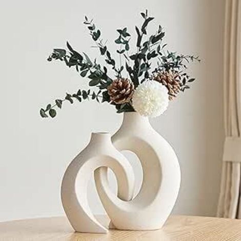 Vases en Céramique Blanche Moderne, Vase en Céramique Nordique Moderne pour L'herbe de la Pampa, Vases à Fleurs de la Pampa en Forme de Beignet Creux Mat Cercle pour Mariage, Table,(Blanc) (1/5)