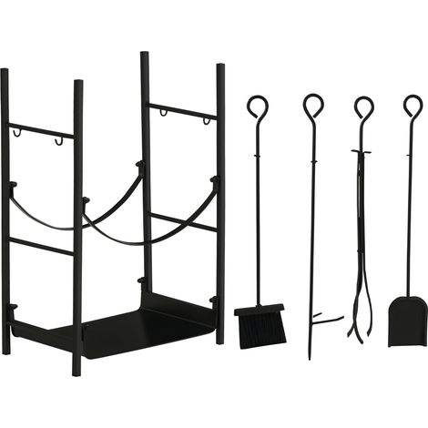 Portalegna da Interno ed Esterno Rialzato a 2 Ripiani, Porta Legna da Ardere in Metallo con Supporti Rimovibili, Paletta, Scopa, Attizzatoio e Pinza, Capacità 70 kg, 44.5x29.5x73 cm, Nero
