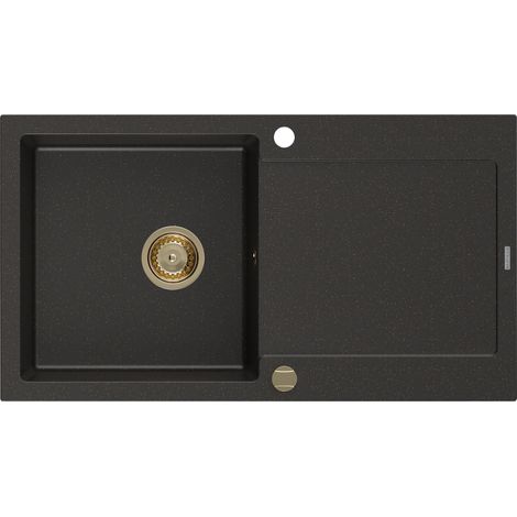 Mexen Leo lavello in granito a 1 vasca con sgocciolatoio 900 x 500 mm, nero/oro metallizzato, sifone oro - 6501901010-75-G (1/5)