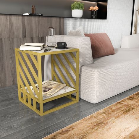 Decorotika Norm Side Table End Table Table Basse Bedside Table For Living Room Lounge Foyer Hallway Bedroom - Blanc Marble Effect And Doré(e) (1/5)