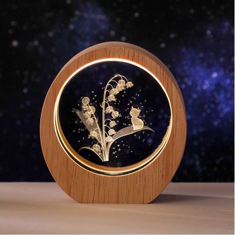 Veilleuse planète en bois, cadre rond en bois, motif muguet et chat, ornement de bureau en cristal sculpté 3D, socle en (1/5)