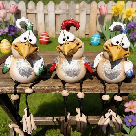 Lot de 3 figurines de poules décoratives de céramique résine faites main amusantes l résistantes intempéries balcon terrasse Pâques (1/4)
