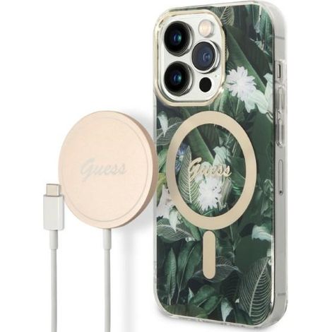 Étui Guess GUBPP14XHJEACSA + chargeur pour iPhone 14 Pro Max 6,7 pouces, vert/vert, coque rigide Jungle MagSafe (1/5)