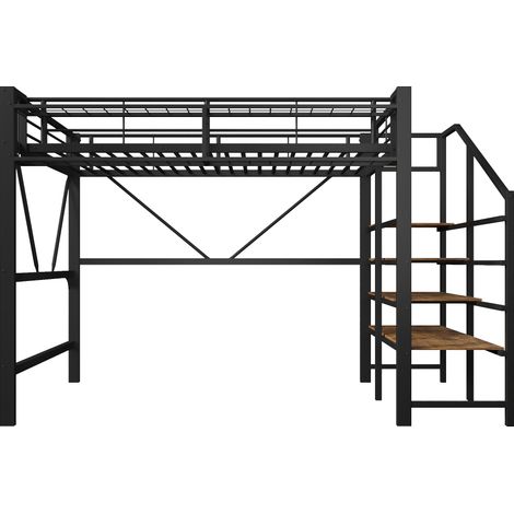 Cama alta 140 x 200 cm de metal y MDF con estantería escalera, LED, negro (1/5)