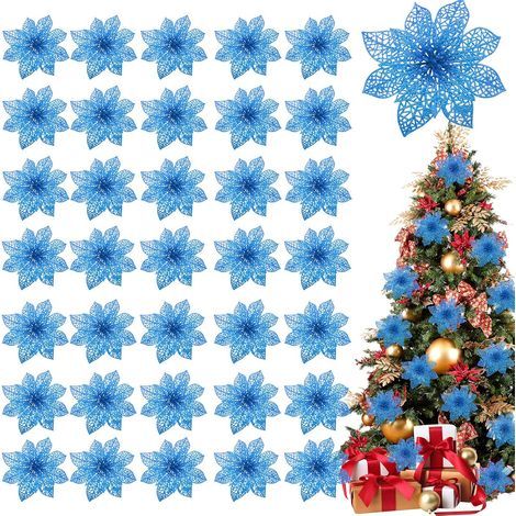 36-Pack Glittering Poinsettias for Christmas Decoration, 4-Inch Artificial Silk Flowers for Christmas Wreaths, Holiday Decor (Navy Blue) (1/5)
