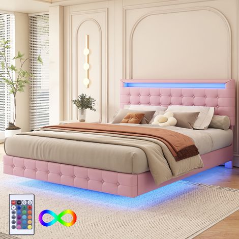 Letto matrimoniale 140x200 cm, con illuminazione LED, testata letto regolabile in altezza, sommier a doghe, cornice in metallo, letto capitonnato in similpelle - Rosa