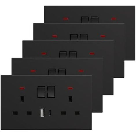Lot de 5 prises doubles avec port USB-C, prise murale double avec interrupteur et indicateur LED, plaque murale en polycarbonate, noir, 13 A