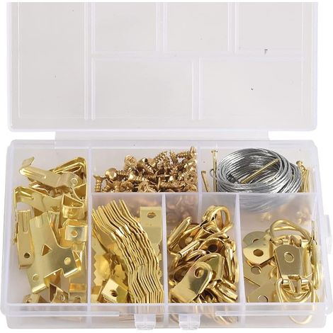 Lot de 181 pièces assorties pour accrocher des photos, avec fil, crochets en D, dos en dents de scie, clous et vis (1/5)