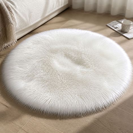 Tapis rond en fausse fourrure blanche 60 cm, doux et moelleux pour salon ou chambre, lavable en machine (1/4)