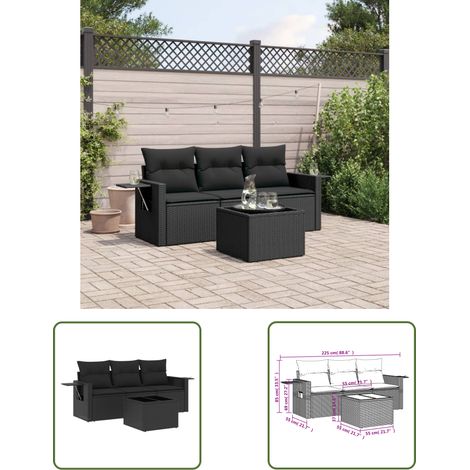 The Living Store 4-tlg. Garten-Sofagarnitur mit Kissen Schwarz Poly Rattan - Gartenmöbel - PE-Rattan Möbel - Outdoor Lounge Set - Sofasatz - Esszimmergarnitur (1/3)