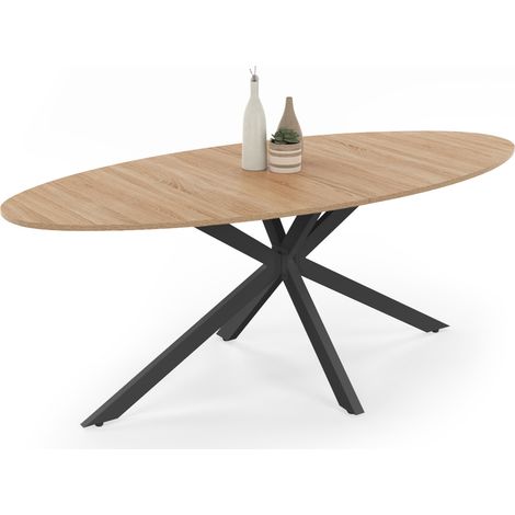 Idmarket – Table à manger ovale extensible 10 personnes – Plateau bois effet et pied métal noir – Longueur 200 cm – Design industriel moderne (1/5)