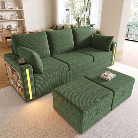 Canapé modulable U ou L avec 2 poufs coffre 190x130x85cm,5-6 places,LED app et télécommande,USB et Type-C,velours côtelé,vert (1/5)