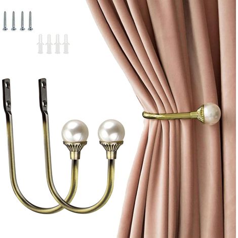 2pcs Crochet à Rideau en Métal Embrasse pour Rideaux U Forme avec Boule de Perle Support Rideau Murale Accroche Rideau pour Salon Chambre Bureau Hôtel Fenêtre Décoration - Bronze Antique (1/5)