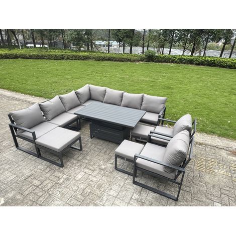 Fimous L-shaped Garden Furniture Set 12-Seater Aluminium Outdoor Dining Set with Adjustable Rising Lifting Dining Table 3 Footstools 2 Chairs Dark Grey (1/5)