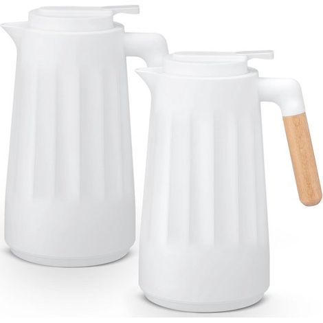 2 termos de 1 litro, Revestimiento de vidrio, Asa de madera, Mantiene las bebidas calientes o frías, Para café, Tetera, Tetera, Leche, Blanco (1/5)