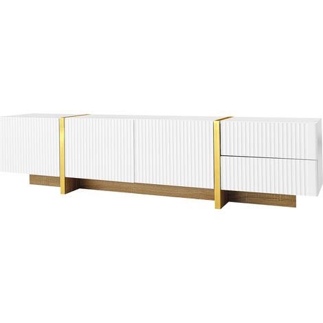 Mueble TV de 190 cm con 3 puertas y 2 cajones, blanco con detalles dorados y veteado madera (1/5)