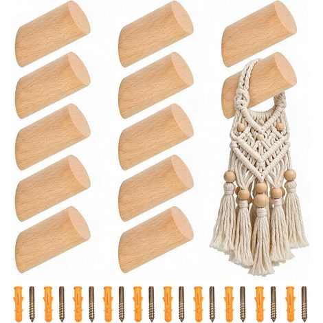 12 Pièces Patère Bois de Hêtre Rond 6cm, Crochet de Porte‑manteau Mural (1/5)