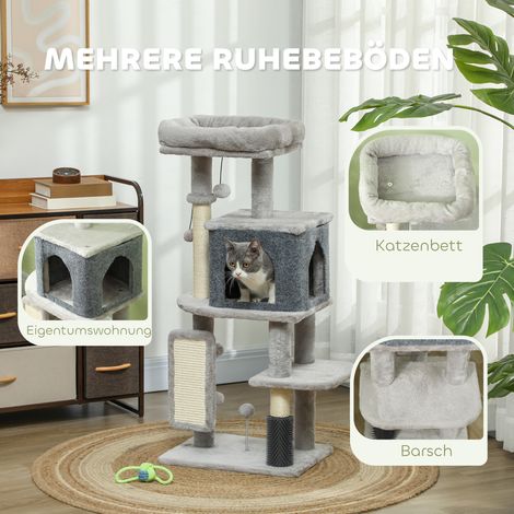 Arbre à chat 104 cm cabane, couchette, poteaux griffoirs sisal, griffoir et balles en peluche pour félins jusqu'à 5 kg, gris clair