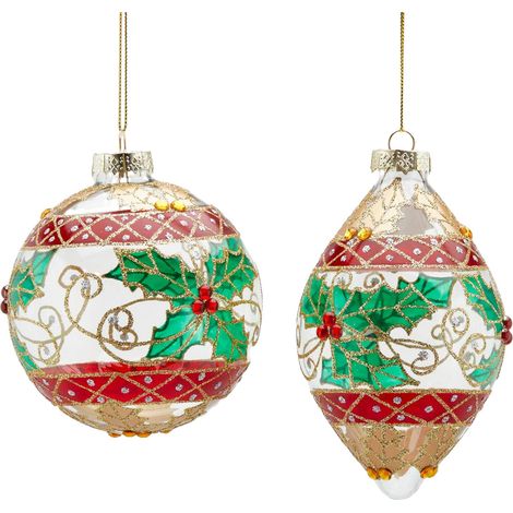 Pallina per albero di Natale in vetro decorata con Agrifoglio pendaglio decorativo verde -Fuso (1/3)