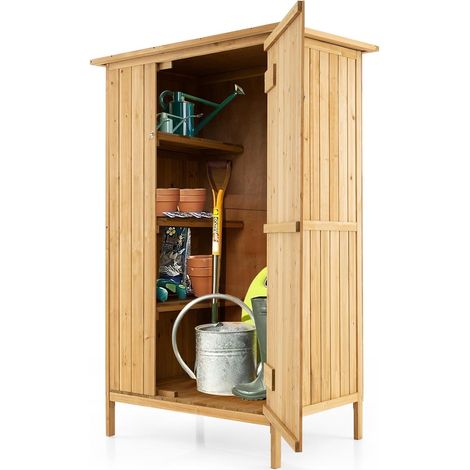 GOPLUS Abri de Jardin en Bois de Sapin, Armoire de Jardin avec Toit Incliné en Asphalte, 3 Étagères, 5 Crochets & Portes Verrouillables, Abris pour Outils Extérieure, pour Terrasses, Balcon, Naturel (1/3)