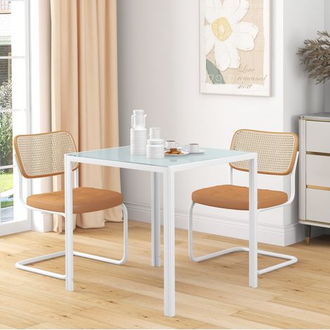 Mesa de comedor cuadrada (75x75x75 cm), para 4 personas, compacta, tablero de vidrio, estructura metálica, blanca (1/5)