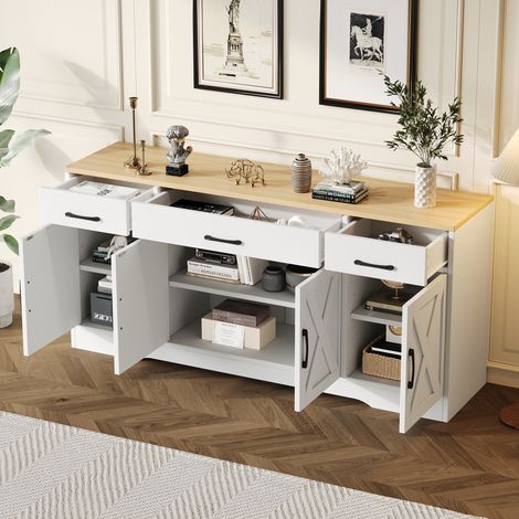 Buffet 160x37x75cm moderne 3 tiroirs silencieux 4 portes plateau couleur naturelle structure MDF blanc (1/5)