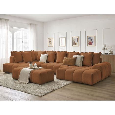 Bobochic – Canapé panoramique convertible coffre – Tissu chiné – 345 cm de couchage – 2 places – Orange – Design moderne et cosy (1/5)