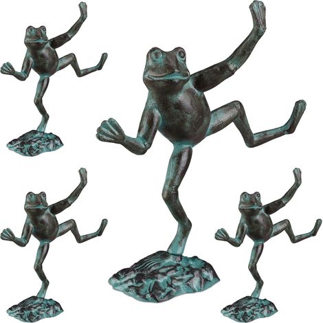4 x Gartenfigur Frosch, wetterfest, innen & außen, Balkon, Terrasse, am Teich, Dekofigur, Gusseisen, Größe L, grün