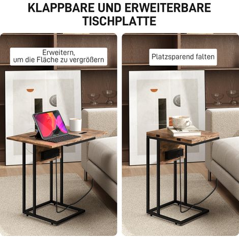 Table pliable avec station de charge USB, métal, 39 x 29 x 57 cm, marron (1/5)