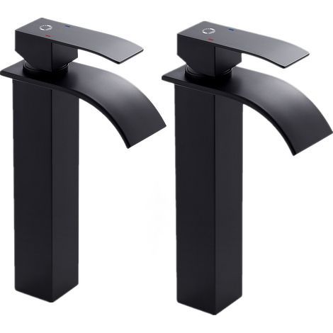 2PCS CECIPA Noir Robinet Cascade avec Haut Bec Mitigeur Lavabo Haut Mono-trou Robinetterie Lave-mains avec Levier Unique en Cuivre Mélangeur l'Eau Chaude et Froide pour Salle de Bain (1/4)