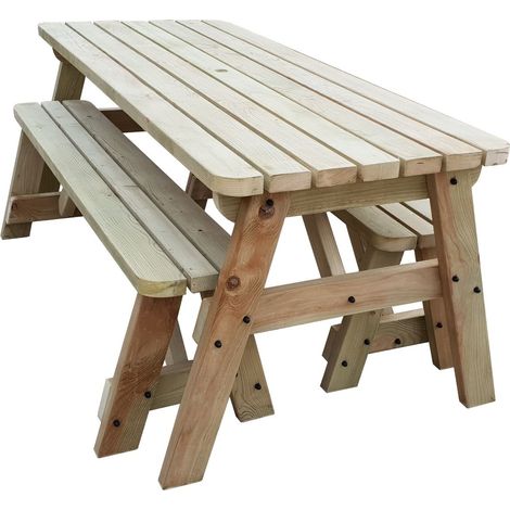 7ft (210cm) Picnic table and bench set, natural (light-green) finish, Victoria compact rounded corners