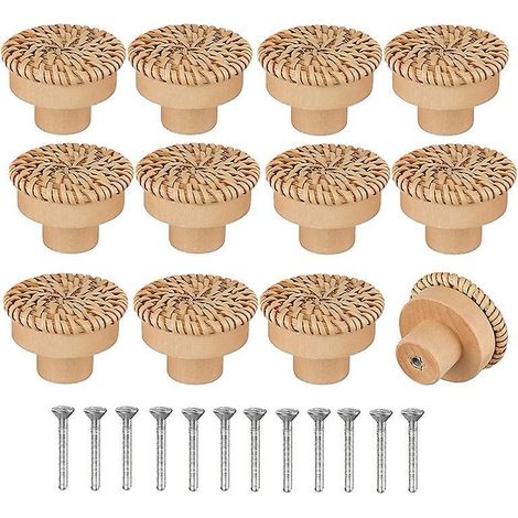 Paquet de 12 boutons de commode ronds en rotin, boutons de tiroir faits à la main de Style bohème (1/5)