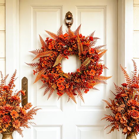 Couronne d'Automne Artificielle avec Feuillage de Fougère, Feuilles d'Eucalyptus et Fleurs d'Automne, Décoration de Porte, Fenêtre et Intérieur (1/5)