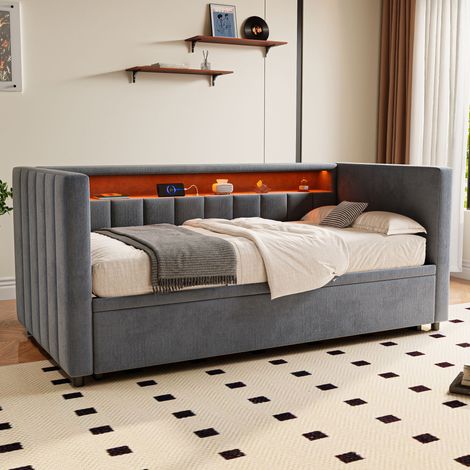 Canapé lit multifonction 90×190cm gris velours,lit-couche,USB Type-C,LED,rangement,pour salon et chambre ado (1/5)