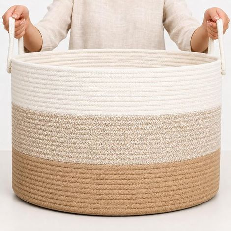 panier de rangement 50x33 cm, corde coton 3 tons miel, avec poignées, linge sale, jouets ou organisation maison (1/5)