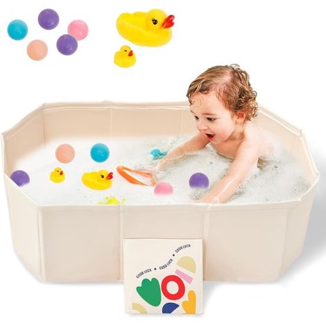 Bañera plegable para bebé con 5 pelotas y 2 patitos, verde grafiti/blanco tulipán, de 0 a 8 años, 78 x 45 x 25 cm, incluye 5 pelotas de océano