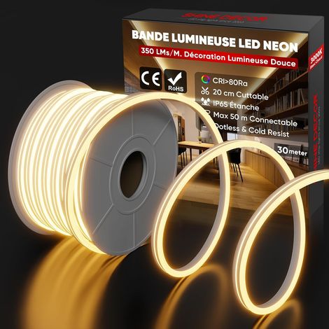 Neon Ruban LED 30m, 230V Bande lumineuse, IP65 Etanche, 10W/M, 350LM/M, 120 leds/m Neon LED Strip pour Décoration Maison Cuisine Jardin Eclairage LED (Blanc Chaud) (1/5)