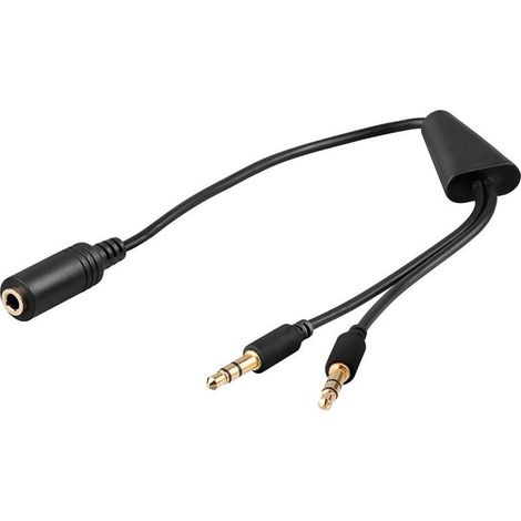 Audio-Adapter (Kopfhörer  Notebook), verbindet Stereo-Headset (3,5-mm-Klinkenstecker, 4-polig) mit PC oder Notebook. Kabellänge 0.4 m