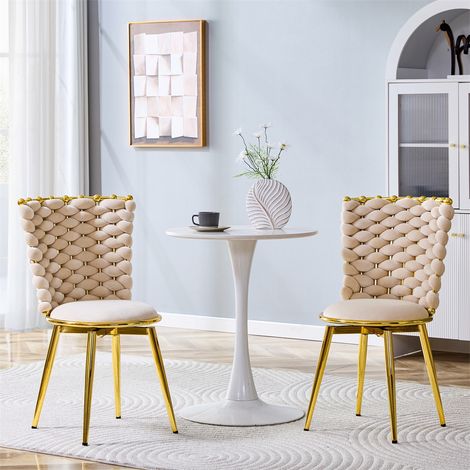 Lot de 2 Chaises de Salle à Manger - 53,34x50,80x87,63cm - Dossier Tressé et Pieds Dorés - Velours Beige (1/5)