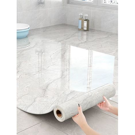 Carrelage de sol adhésif « Peel and Stick », film adhésif marbre amovible pour salle de bain et décoration intérieure (blanc)