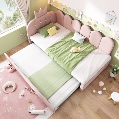 Canapé-lit 90x200 cm avec lit gigogne 90x190 cm, canapé-lit enfant en velours beige, lit d'appoint gain de place pour chambre d'enfant ou chambre d'amis - Rose