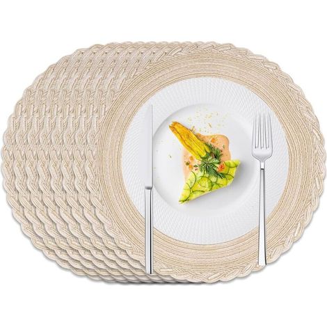 Juego de 8 manteles individuales redondos, lavables, de estilo bohemio, resistentes al calor, de 38 cm (beige, con borde floral). (1/4)