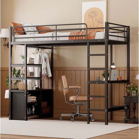 lit mezzanine bureau rangement 90x200 métal noir USB OKMYHOME (1/5)