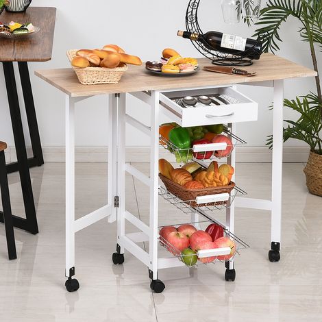 Klappbarer Servierwagen, Küchenwagen mit 6 Rollen, 1 Schublade und 3 Metallkörben, 97,2 x 37 x 77,5 cm, Weiß und Eiche